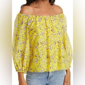 Alice + Olivia Alta Yellow Floral Print Off the Shoulder Silk Blend Top Size S